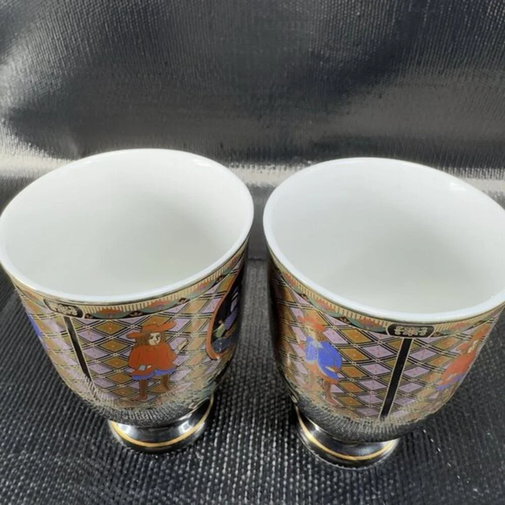Japanese Oriental Ceramic Goblet Drinking Cups Tumblers Ships Pattern Set 2 Cups